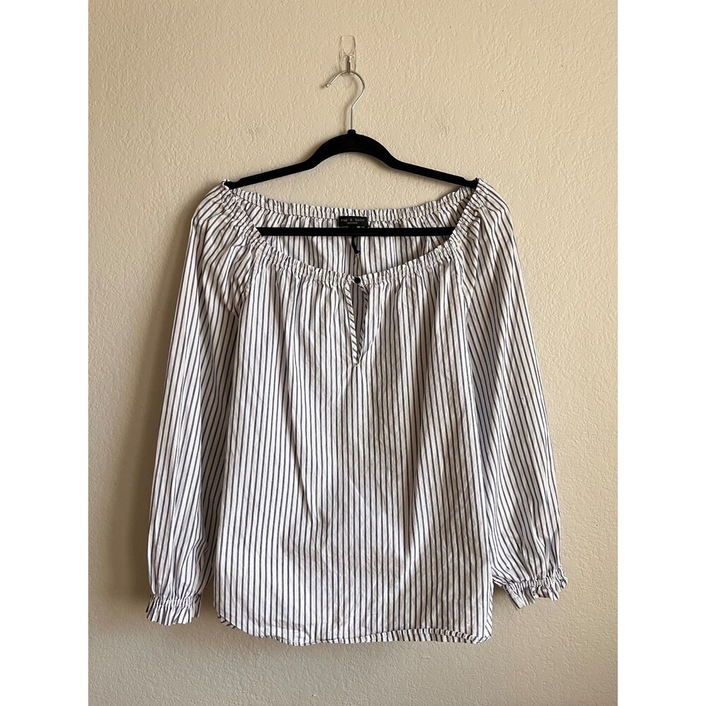 rag & bone Sierra Cotton Pinstripe Off-the-Shoulder Top in White/Blue Size SMALL